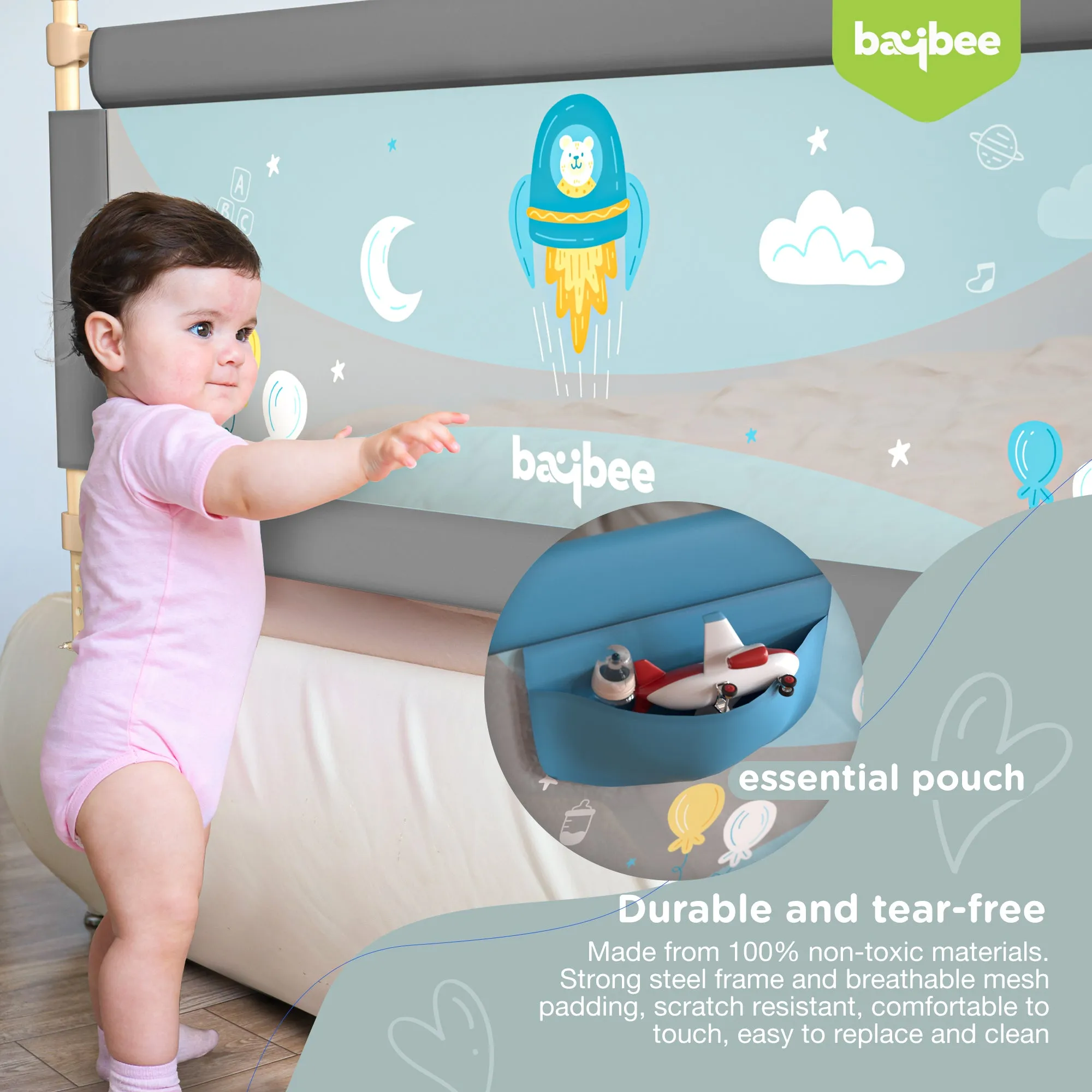 BAYBEE Bed Rail Guard Barrier for Baby Portable Safety Foldable Height Adjustable Falling Protector Fence (Print may varry) - 150 x 63 cm