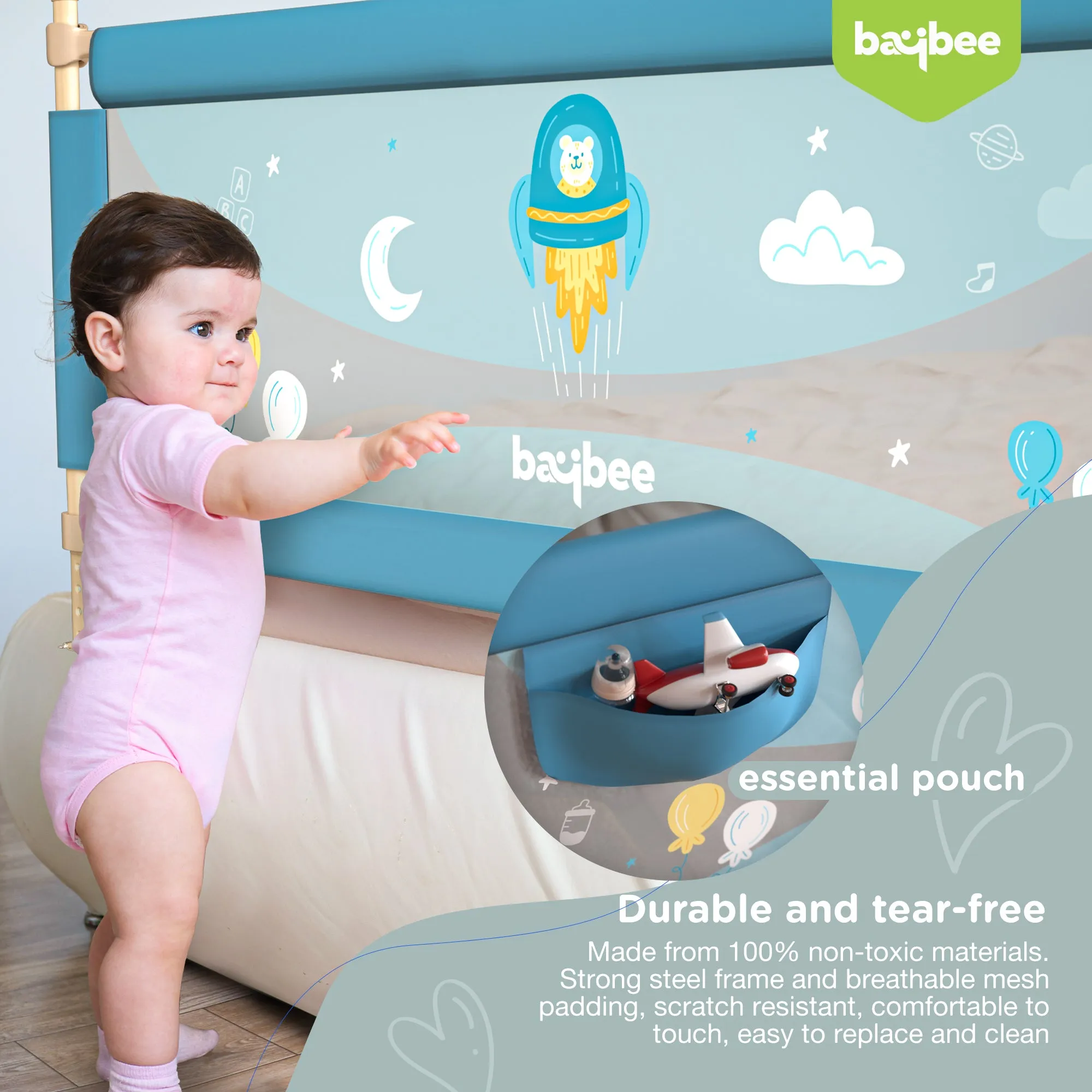 BAYBEE Bed Rail Guard Barrier for Baby Portable Safety Foldable Height Adjustable Falling Protector Fence (Print may varry) - 150 x 63 cm