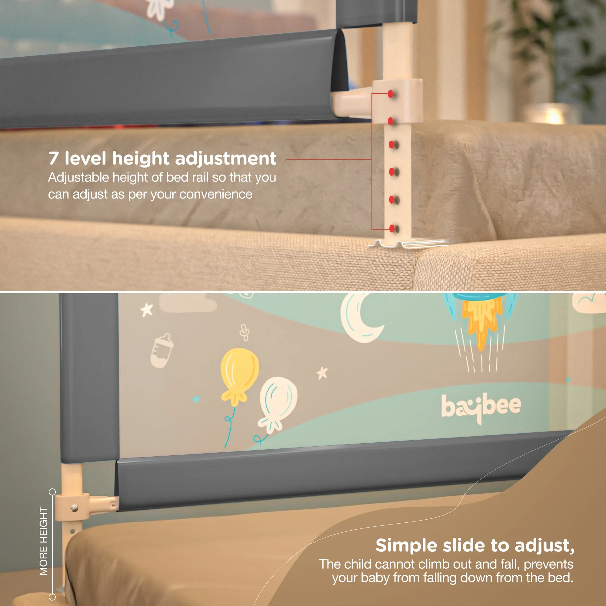 BAYBEE Bed Rail Guard Barrier for Baby Portable Safety Foldable Height Adjustable Falling Protector Fence (Print may varry) - 150 x 63 cm