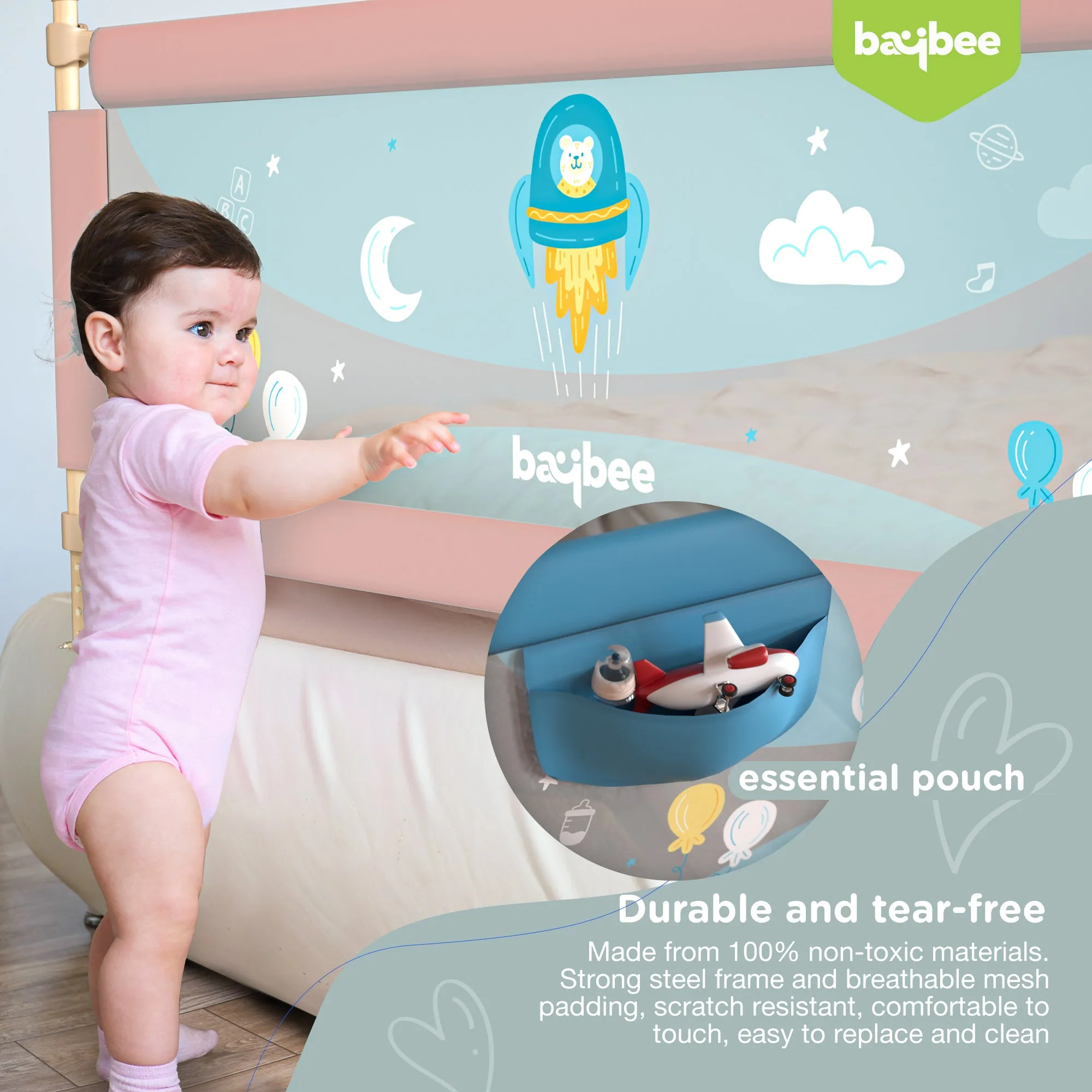 BAYBEE Bed Rail Guard Barrier for Baby Portable Safety Foldable Height Adjustable Falling Protector Fence (Print may varry) - 150 x 63 cm