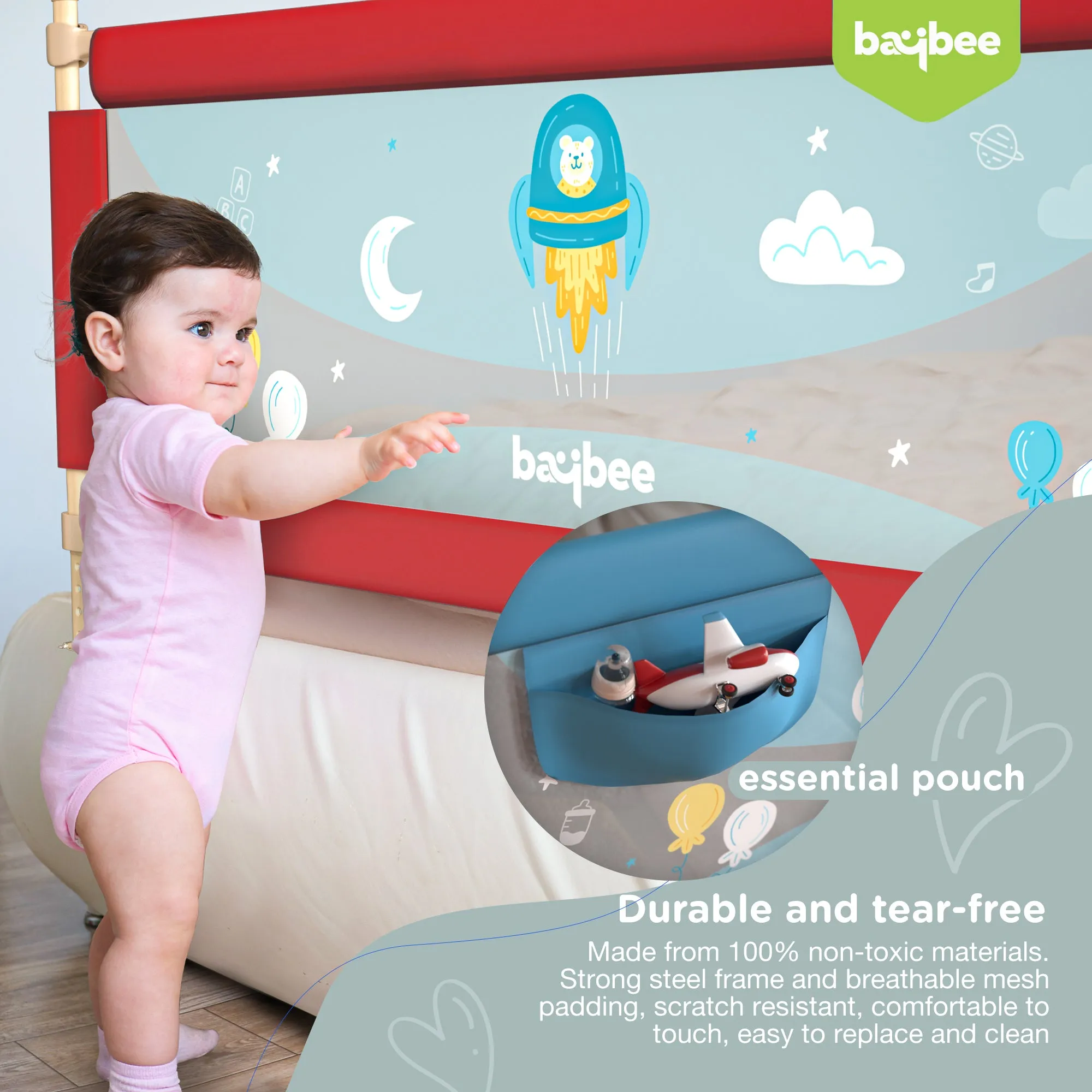 BAYBEE Bed Rail Guard Barrier for Baby Portable Safety Foldable Height Adjustable Falling Protector Fence (Print may varry) - 150 x 63 cm
