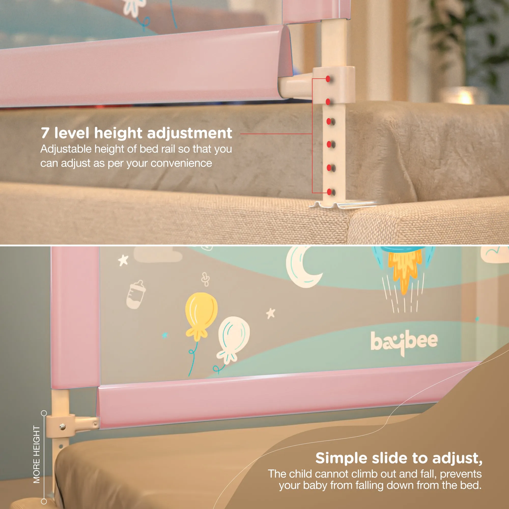 BAYBEE Bed Rail Guard Barrier for Baby Portable Safety Foldable Height Adjustable Falling Protector Fence (Print may varry) - 150 x 63 cm