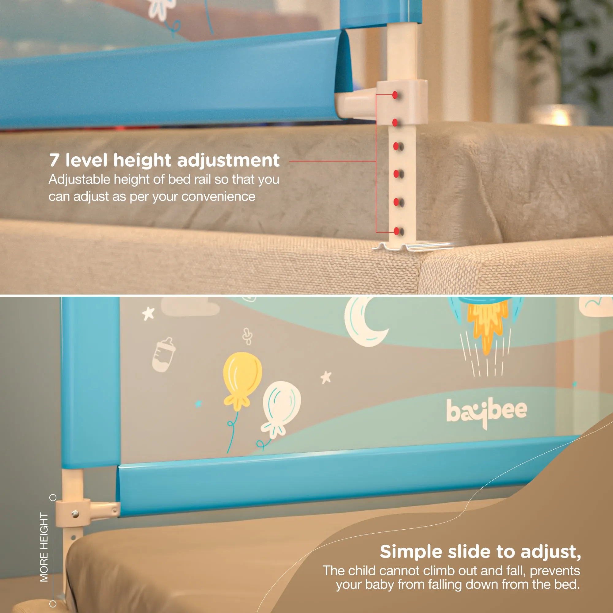 BAYBEE Bed Rail Guard Barrier for Baby Portable Safety Foldable Height Adjustable Falling Protector Fence (Print may varry) - 150 x 63 cm
