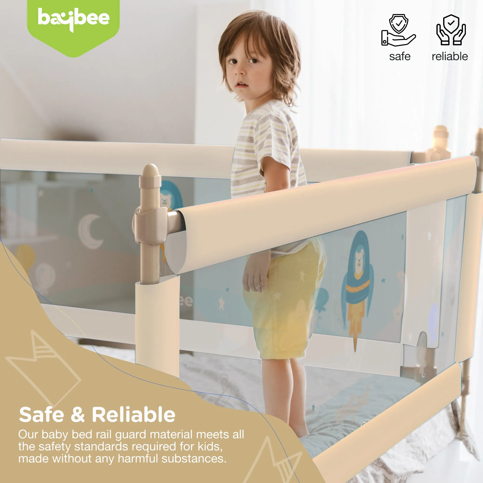BAYBEE Bed Rail Guard Barrier for Baby Portable Safety Foldable Height Adjustable Falling Protector Fence (Print may varry) - 150 x 63 cm