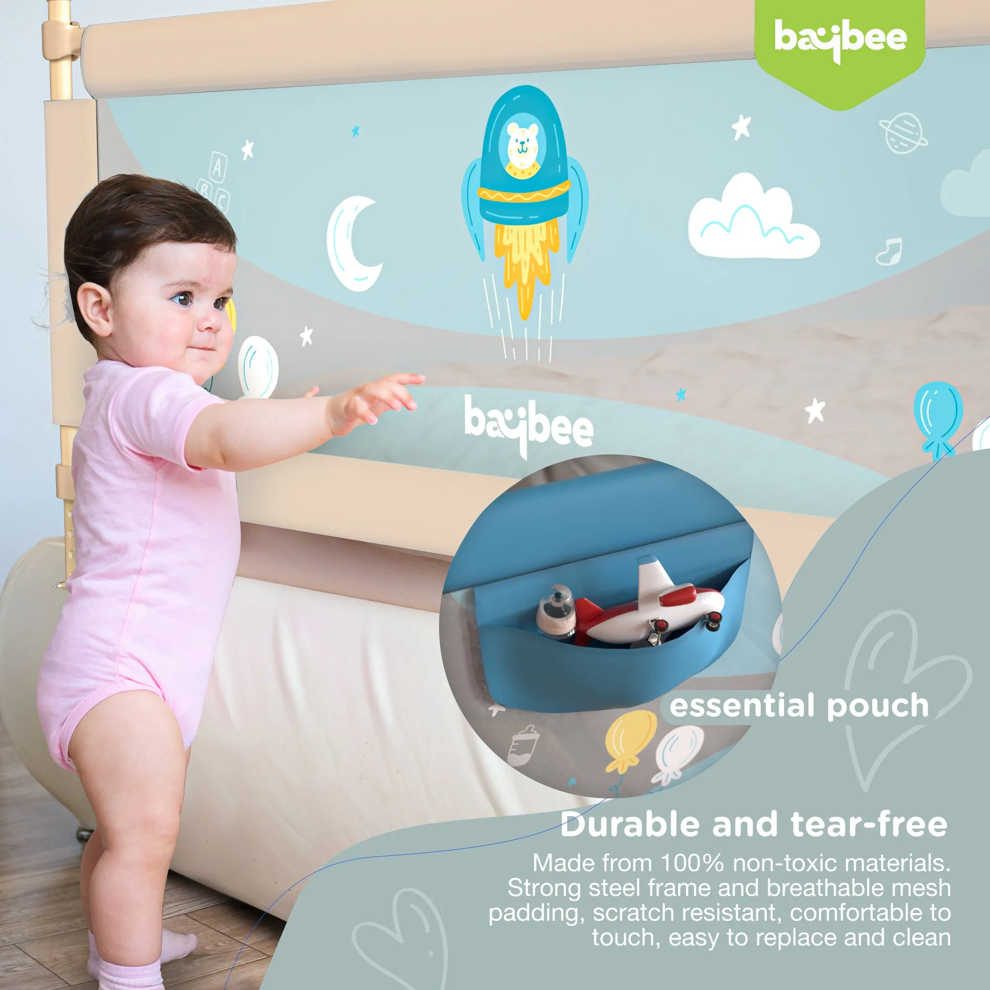 BAYBEE Bed Rail Guard Barrier for Baby Portable Safety Foldable Height Adjustable Falling Protector Fence (Print may varry) - 150 x 63 cm