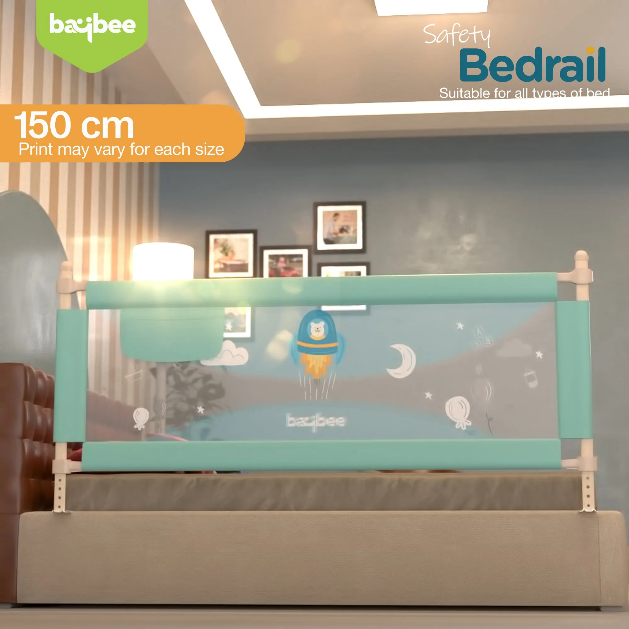 BAYBEE Bed Rail Guard Barrier for Baby Portable Safety Foldable Height Adjustable Falling Protector Fence (Print may varry) - 150 x 63 cm