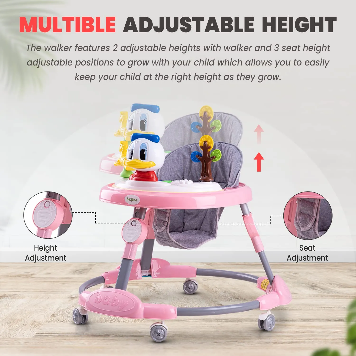 Baybee Bessie Baby Walker for Kids, Foldable Kids Walker with 3 Seat Height Adjustable, Cushion Seat