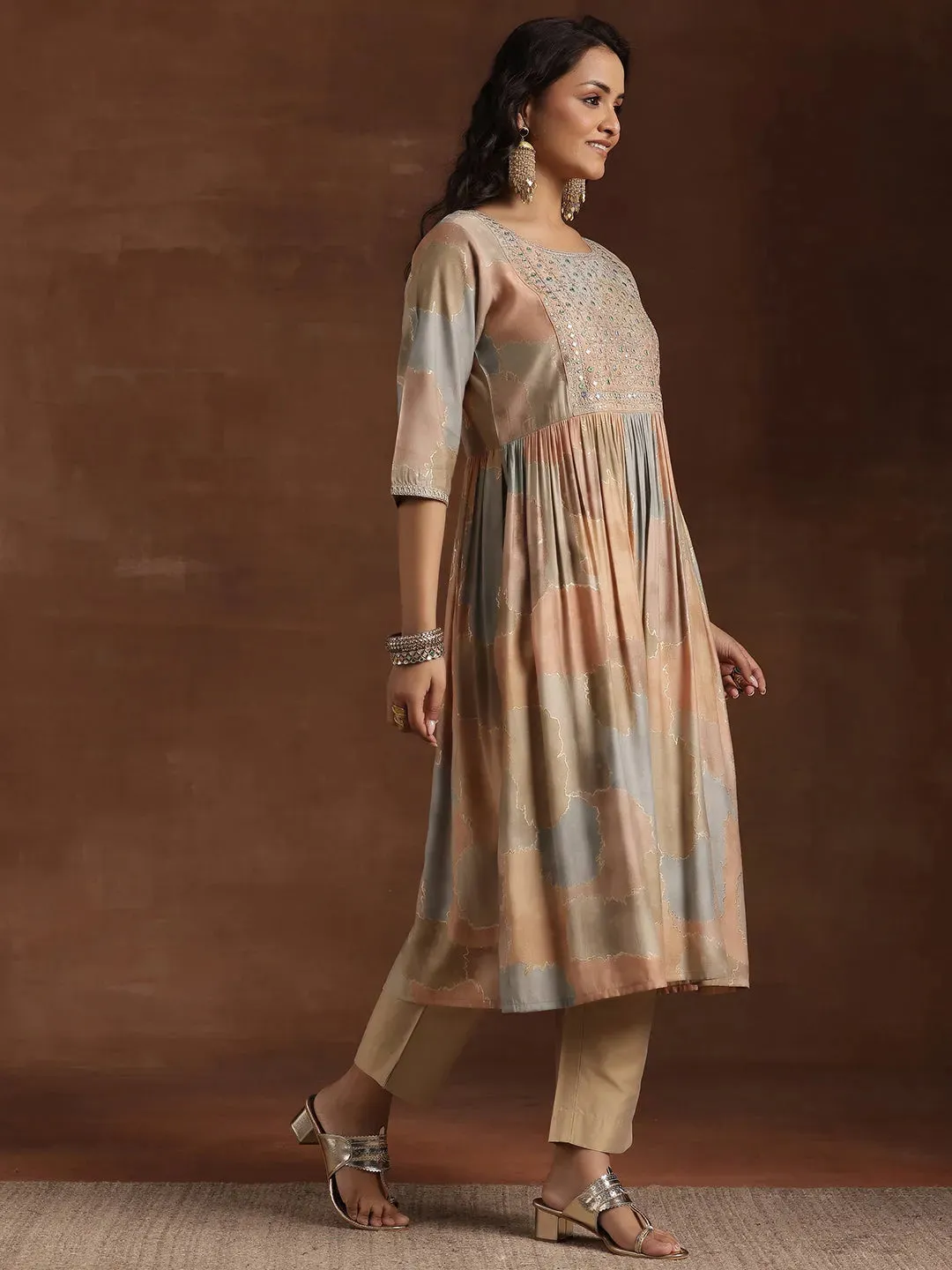 Beige Printed Silk A-Line Kurta
