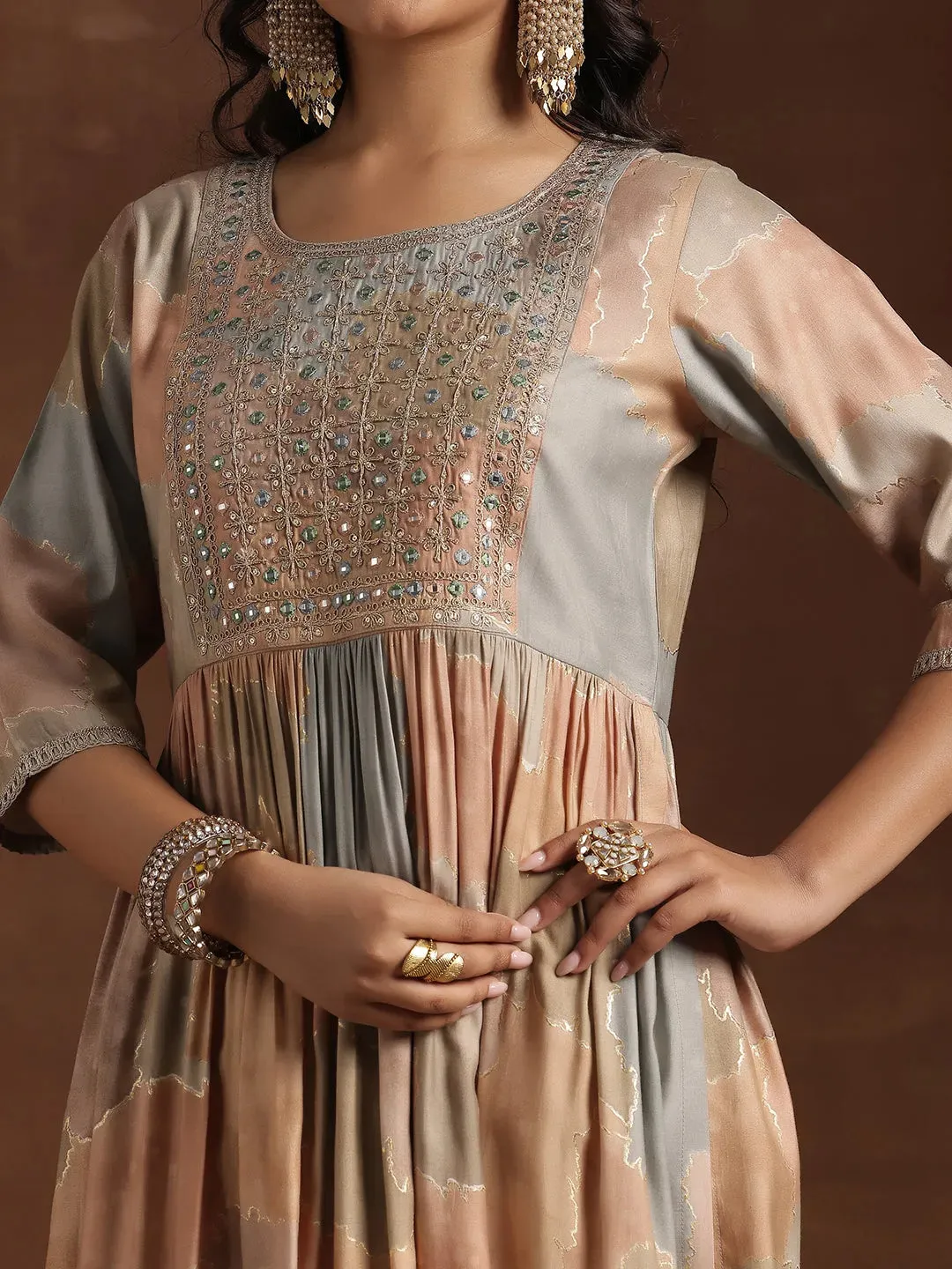 Beige Printed Silk A-Line Kurta