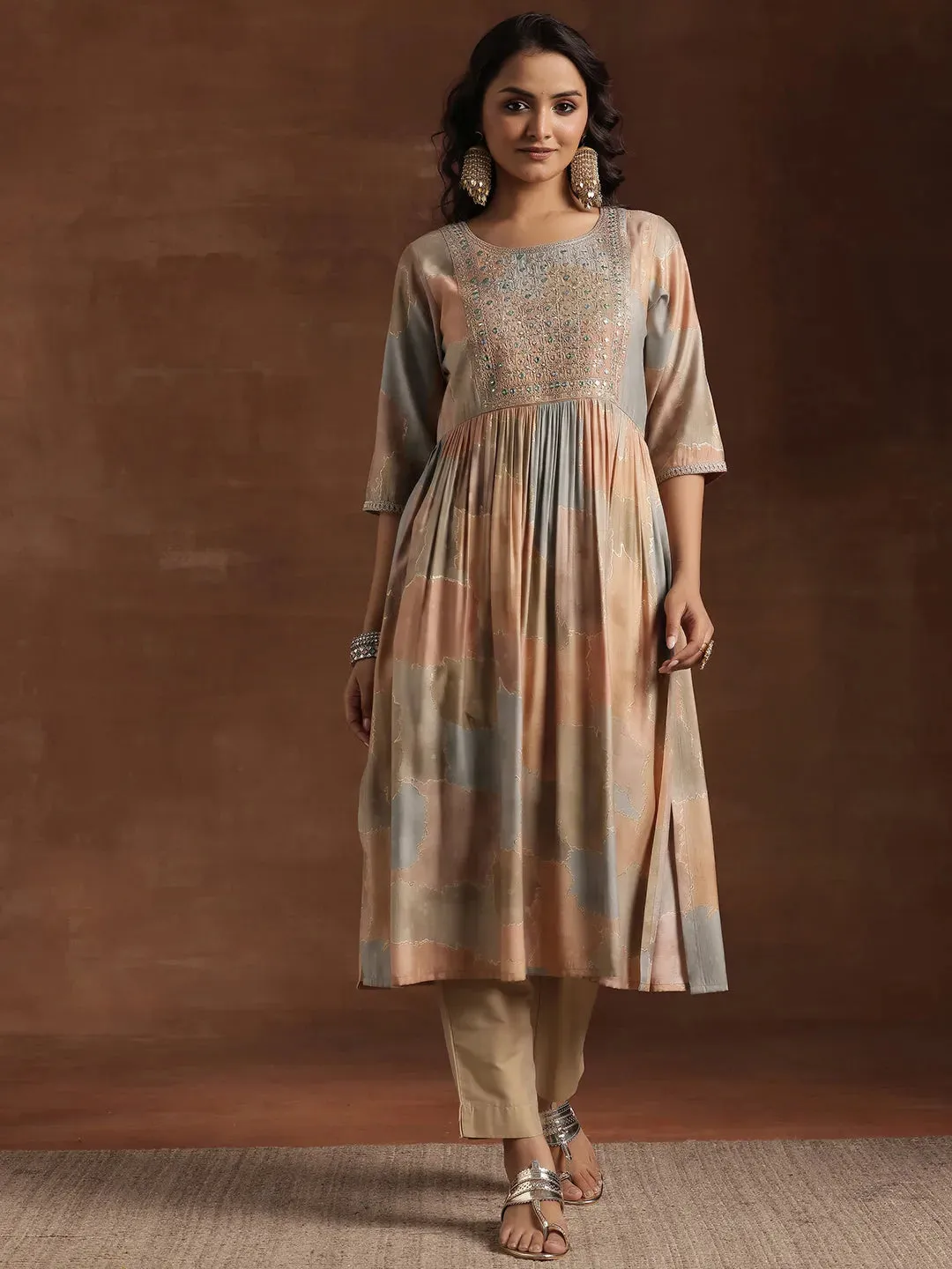 Beige Printed Silk A-Line Kurta