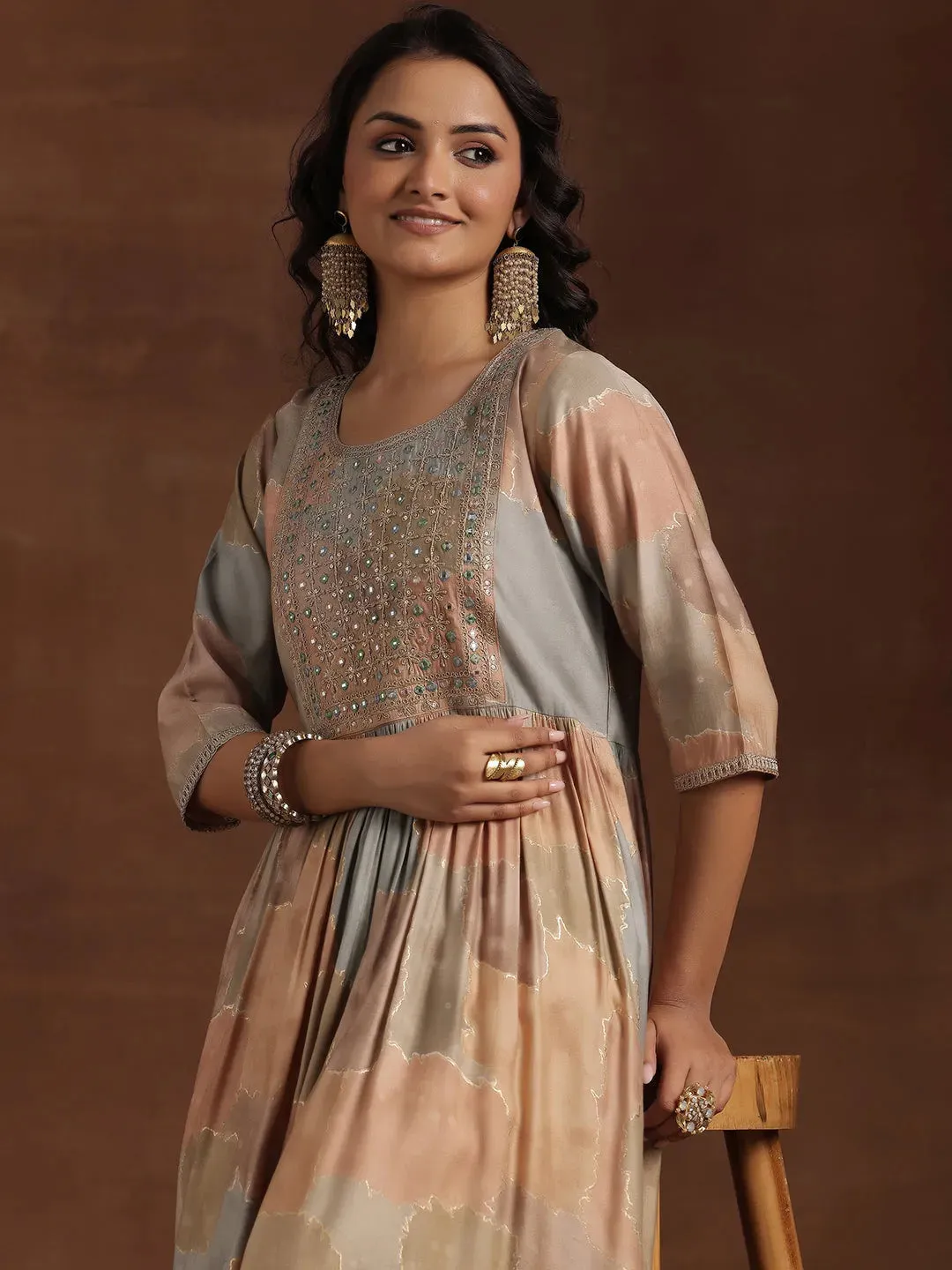 Beige Printed Silk A-Line Kurta