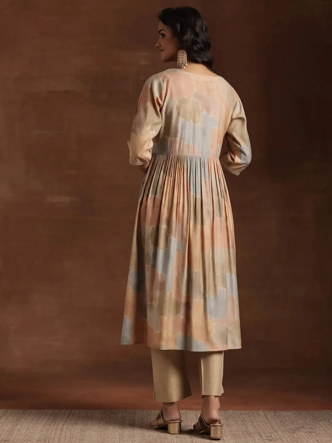 Beige Printed Silk A-Line Kurta