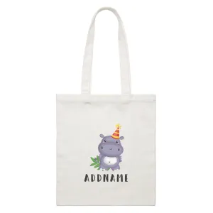 Birthday Safari Hippo Wearing Party Hat Addname White Canvas Bag