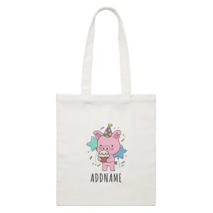 Birthday Sketch Animals Pig with Party Hat Eating Cupcake Addname White Canvas Bag