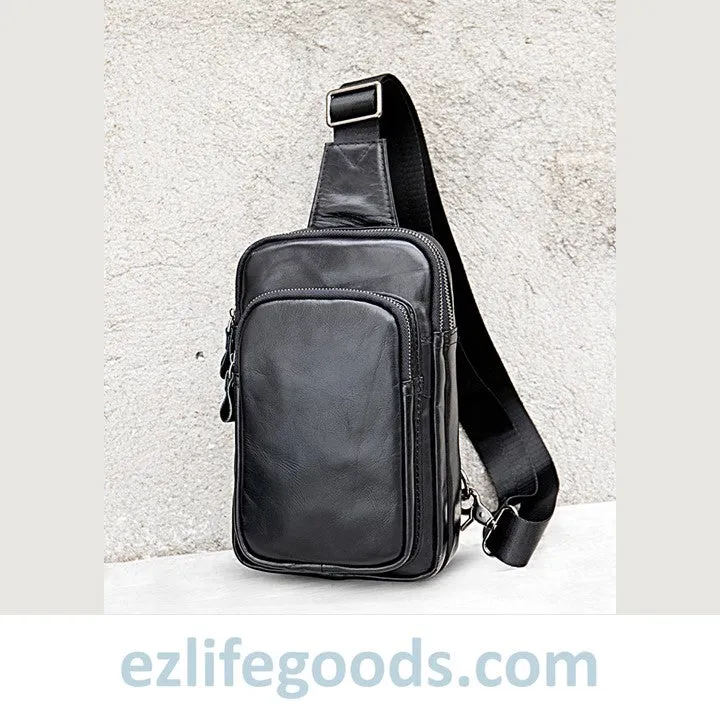 Black Leather Sling Bag | Compact Shoulder Crossbody Chest Bag