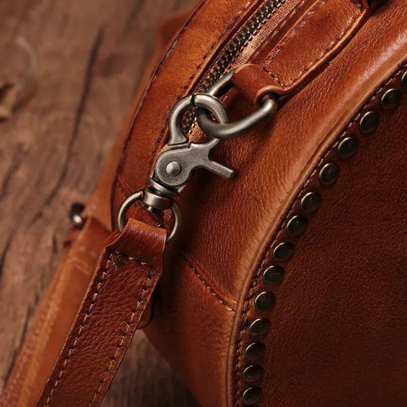 Brown Studded Leather Circle Bag for Women