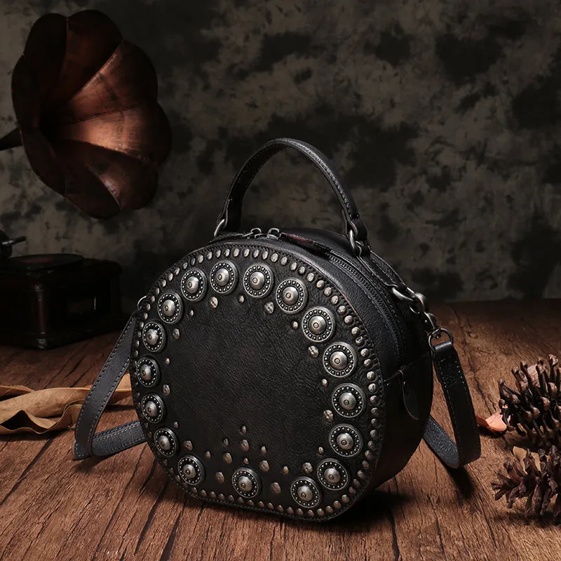 Brown Studded Leather Circle Bag for Women