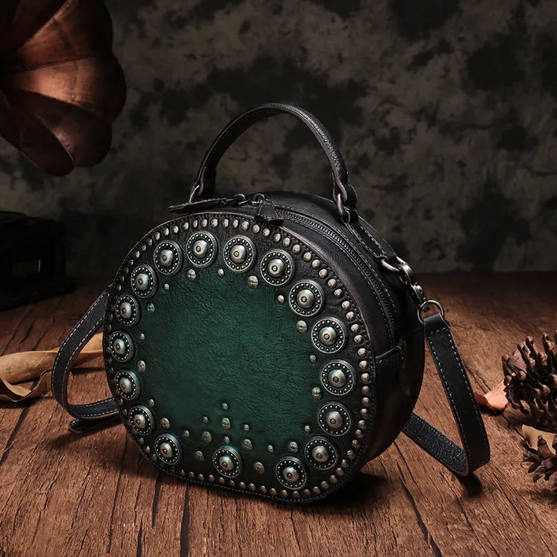 Brown Studded Leather Circle Bag for Women