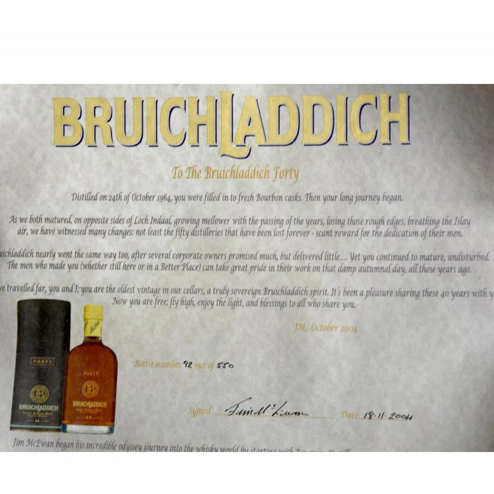 Bruichladdich 1964 FORTY 40 Year Old Islay Single Malt Scotch Whisky ABV 43.1% 70cl