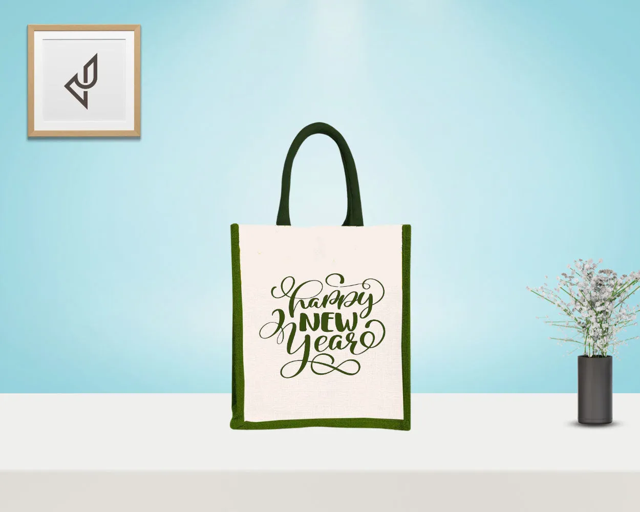 Bulk Order Corporate Gifting - Customized "Happy New Year" Print Jute Bags with Zipper (10 X 5 X 12 inches)