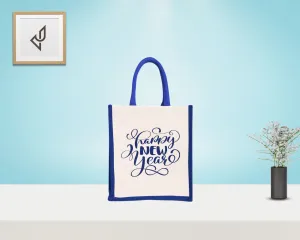 Bulk Order Corporate Gifting - Customized "Happy New Year" Print Jute Bags with Zipper (10 X 5 X 12 inches)