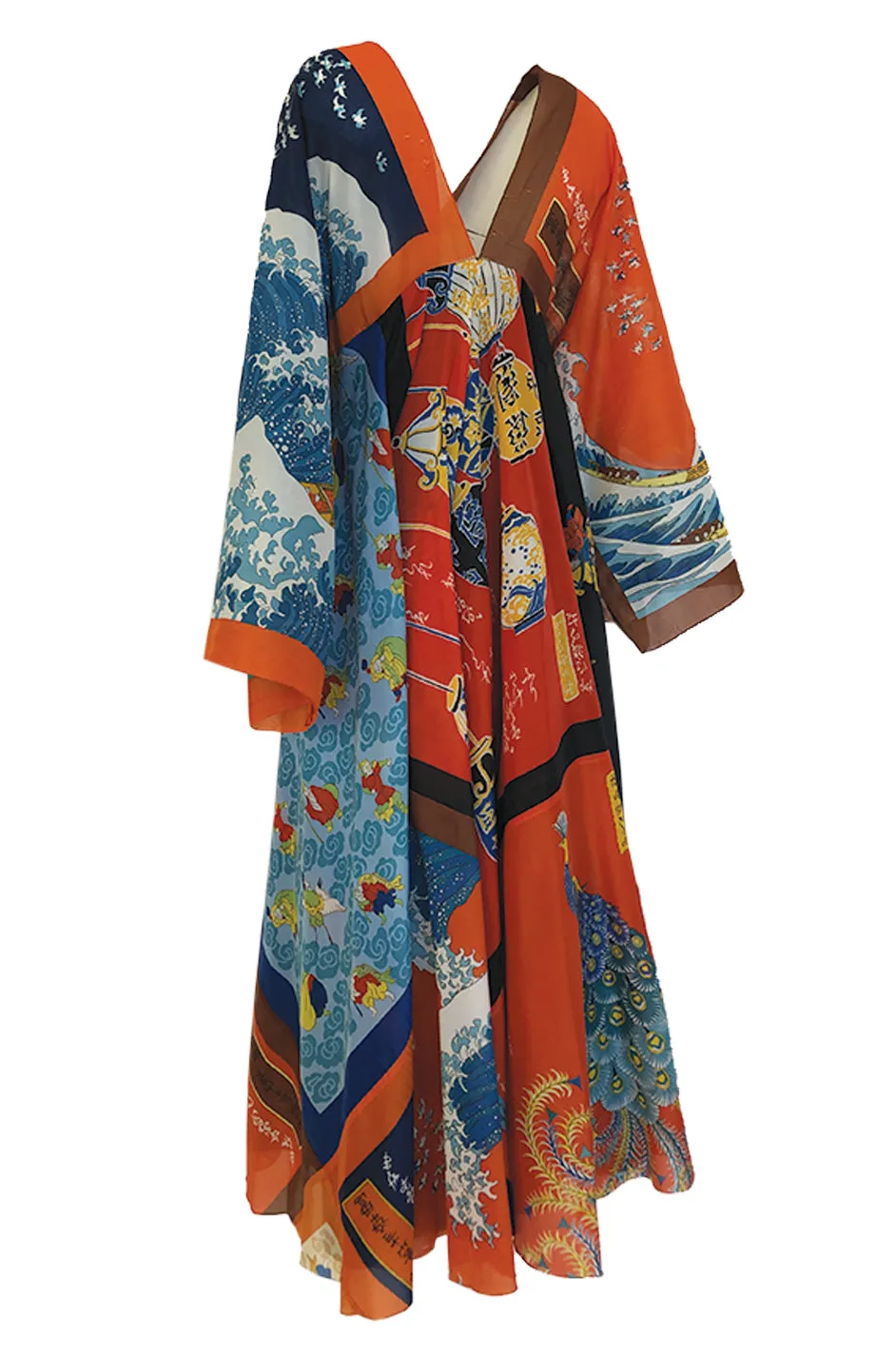 c.1972 LaVetta Plunging Front and Back Silk Scarf Print Caftan Dress