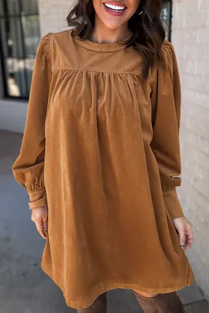Corduroy Puff Sleeve Short Dress