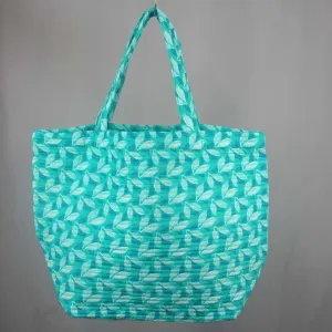 Cotton Quilted Large Shopping / Beach Bag - Teal Blue Leaves