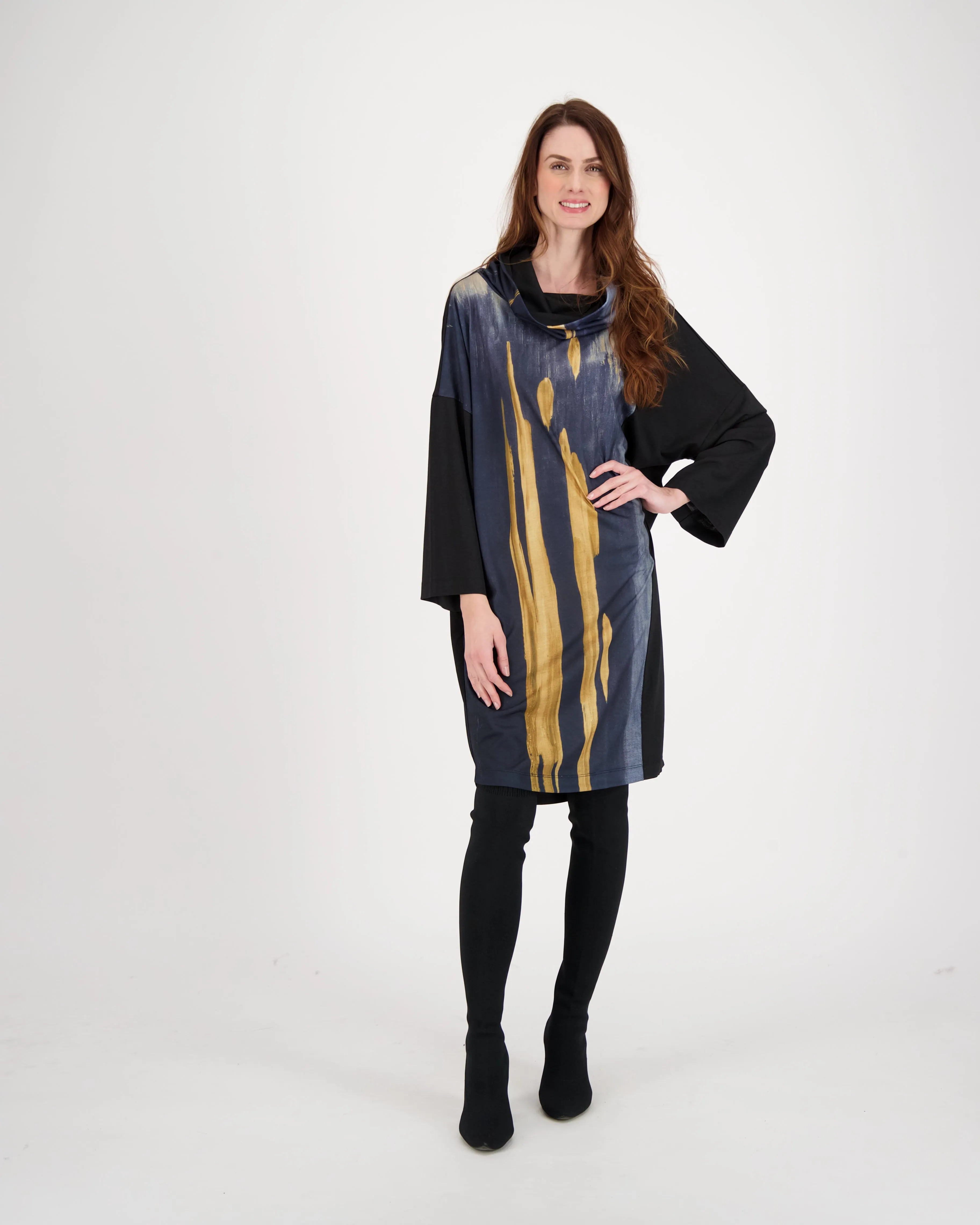 Cowl Neck Gold Print Dress