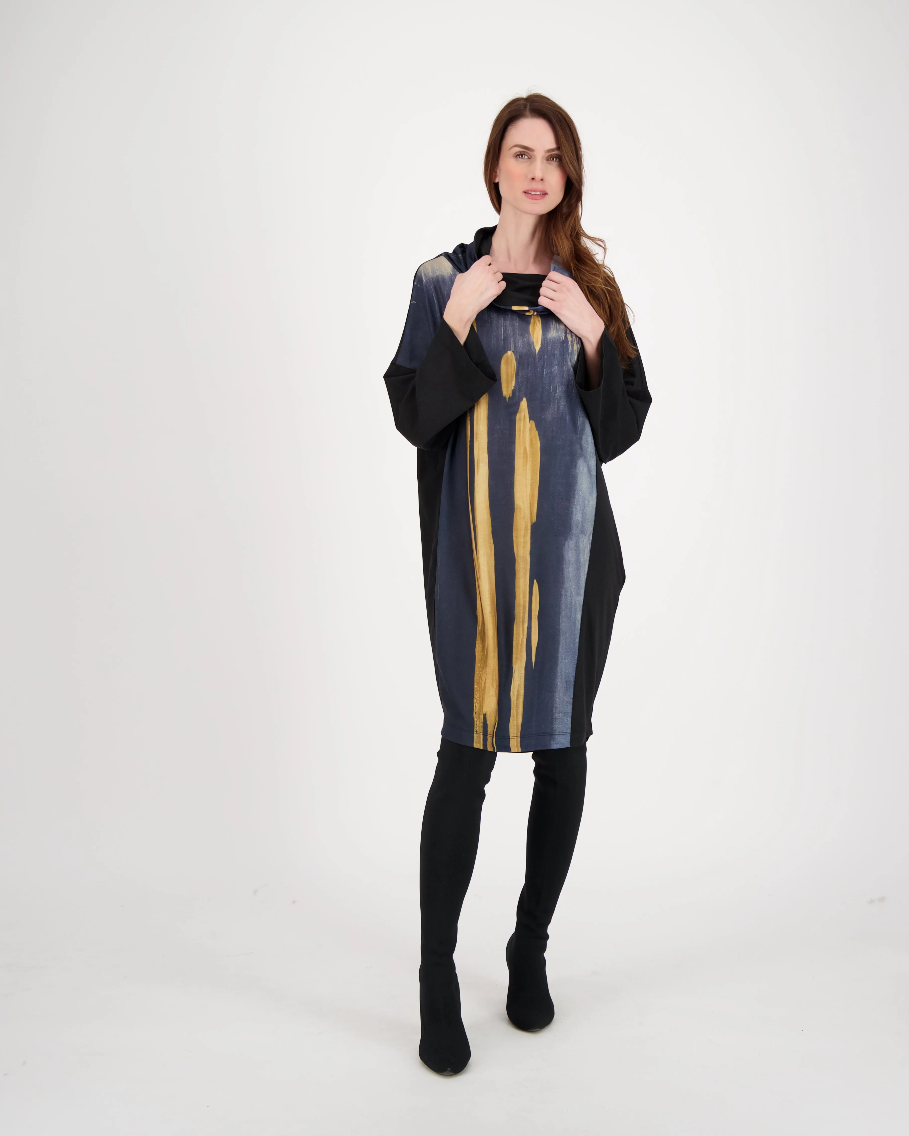 Cowl Neck Gold Print Dress
