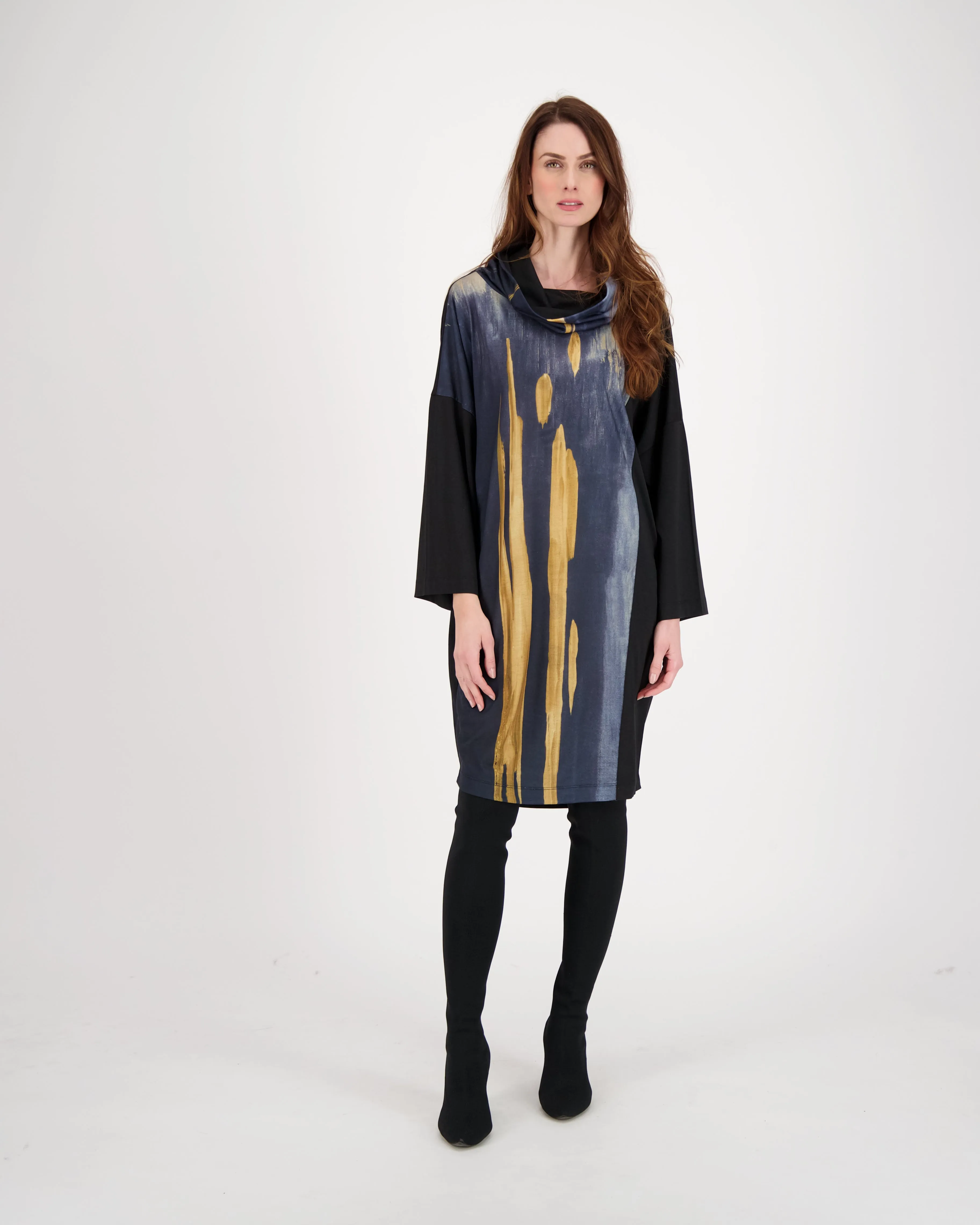 Cowl Neck Gold Print Dress