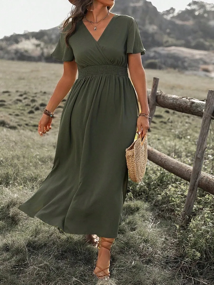 DEANWAQNGKT  Cross Border  Summer New Solid Color and V-neck Bell Sleeve Elastic and Waisted Slimming Slit Long Dress
