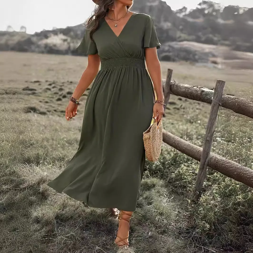 DEANWAQNGKT  Cross Border  Summer New Solid Color and V-neck Bell Sleeve Elastic and Waisted Slimming Slit Long Dress