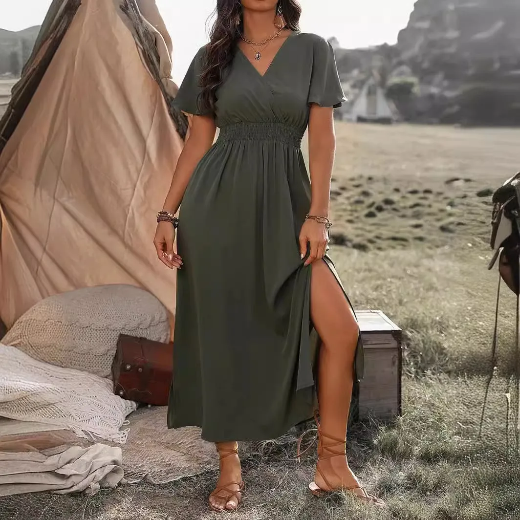 DEANWAQNGKT  Cross Border  Summer New Solid Color and V-neck Bell Sleeve Elastic and Waisted Slimming Slit Long Dress