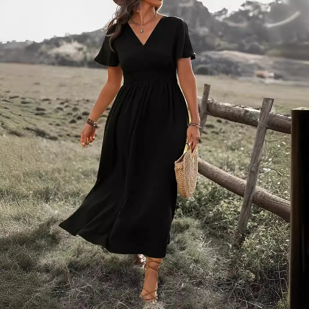 DEANWAQNGKT  Cross Border  Summer New Solid Color and V-neck Bell Sleeve Elastic and Waisted Slimming Slit Long Dress