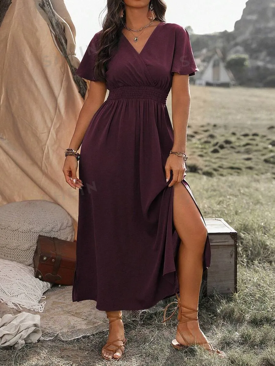 DEANWAQNGKT  Cross Border  Summer New Solid Color and V-neck Bell Sleeve Elastic and Waisted Slimming Slit Long Dress