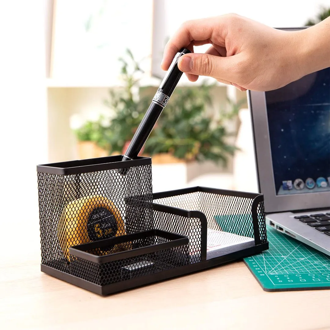 Deli W9175 Mesh Desk Organizer 3 Compartment (Black, Pack of 1)