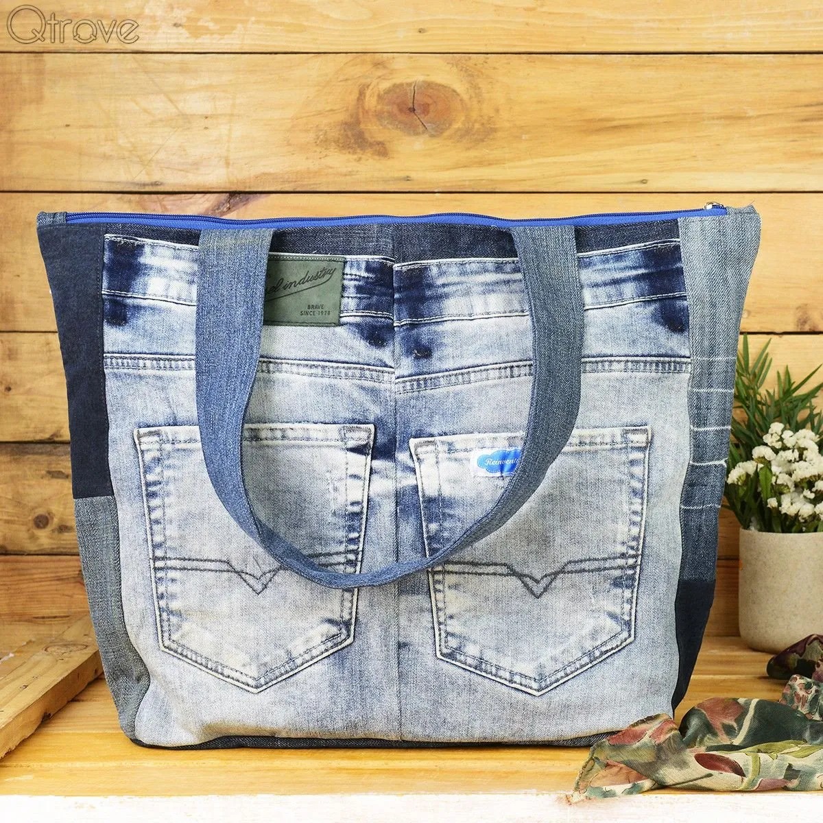 Denim Patchwork Tote Bag With A Touch of Black