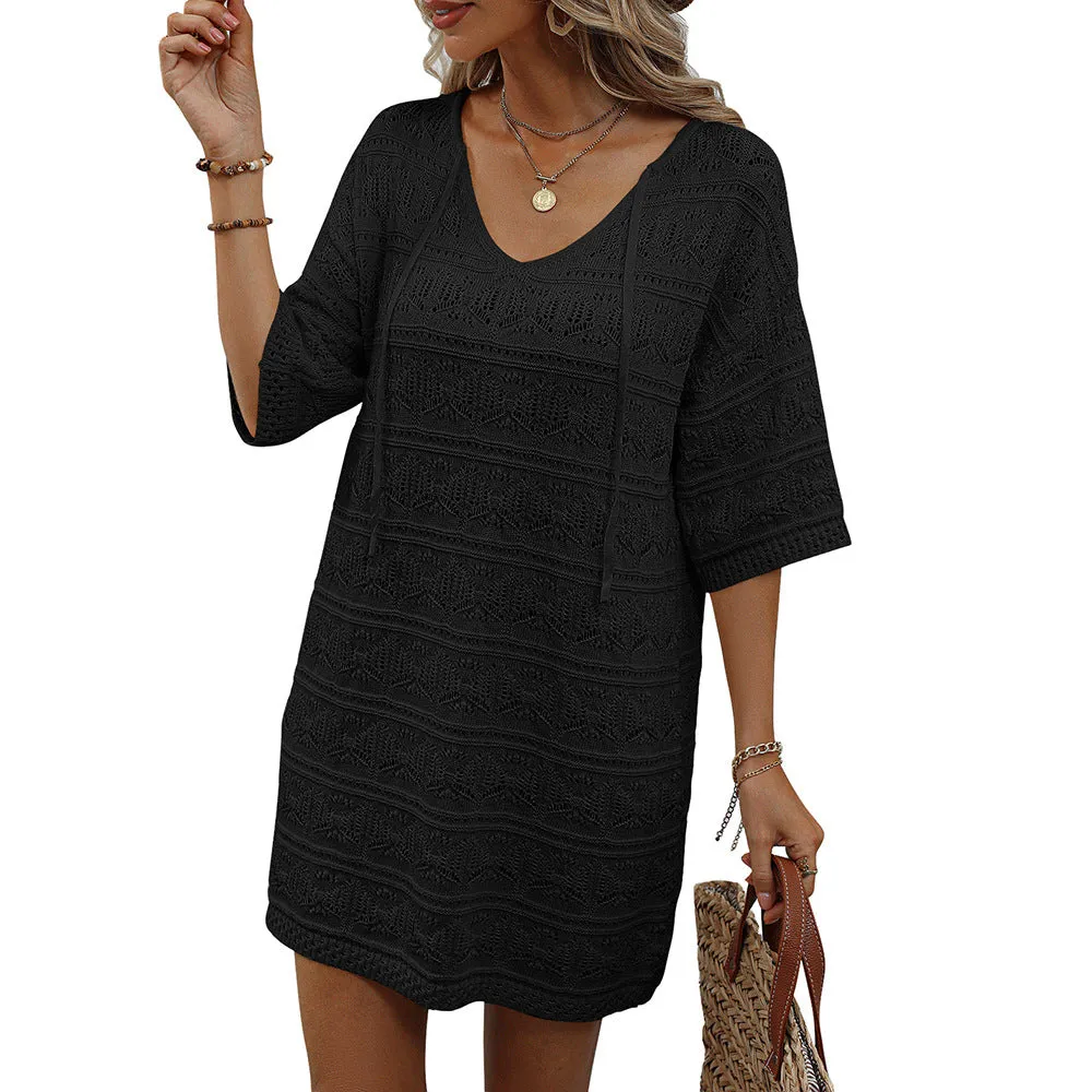 DUNNMALL  Summer New Cross-Border European and American Women's Clothing  Hollow Vacation Beach Dress Sun Protective Blouse