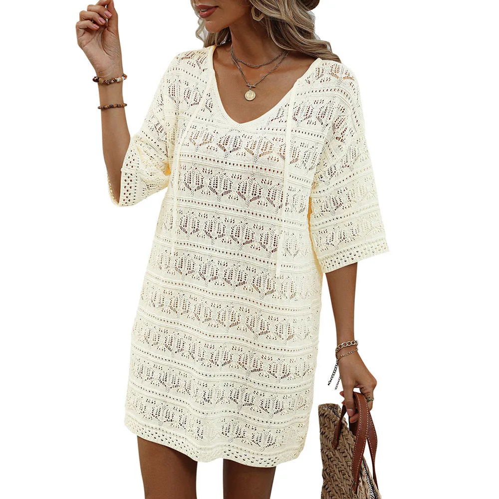 DUNNMALL  Summer New Cross-Border European and American Women's Clothing  Hollow Vacation Beach Dress Sun Protective Blouse