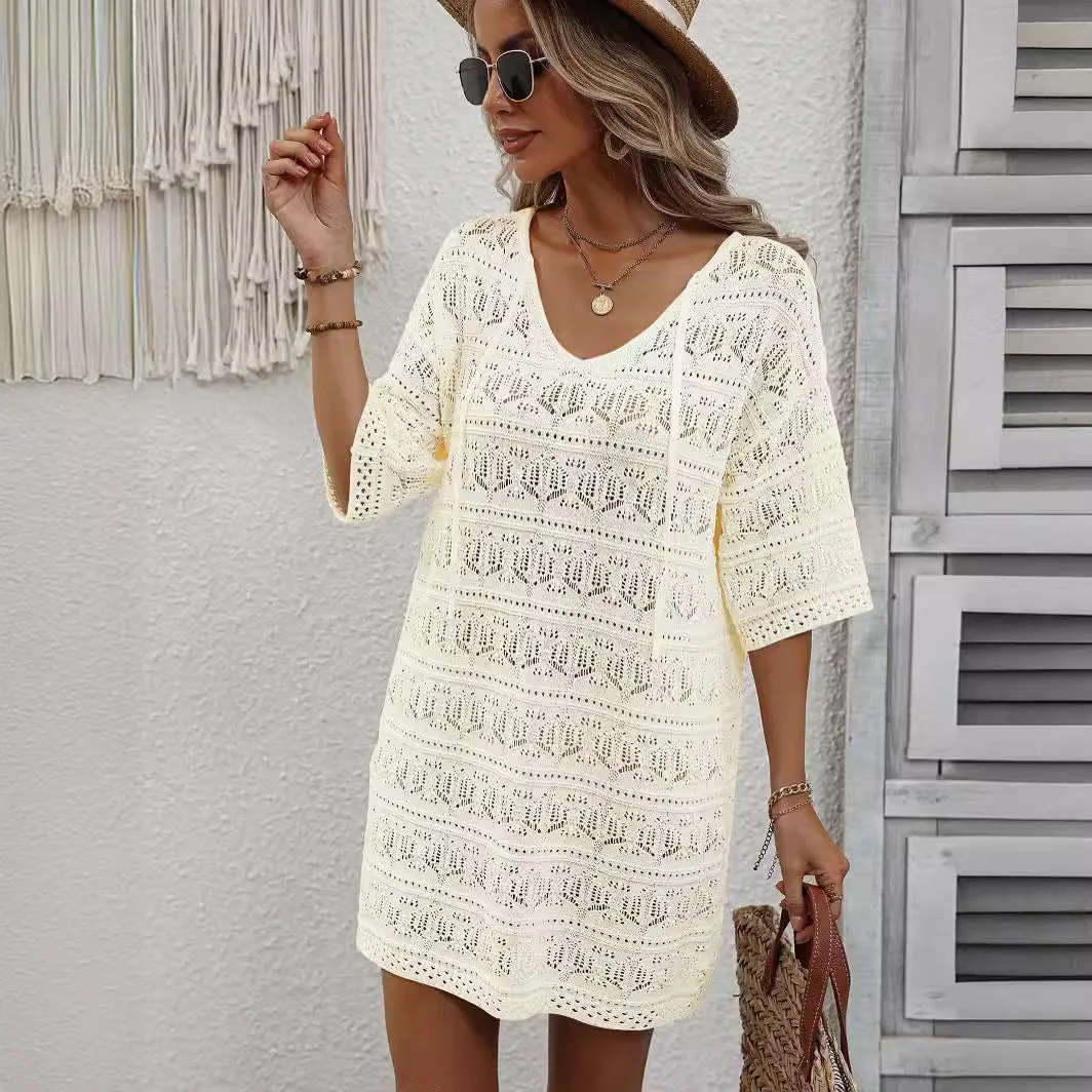 DUNNMALL  Summer New Cross-Border European and American Women's Clothing  Hollow Vacation Beach Dress Sun Protective Blouse