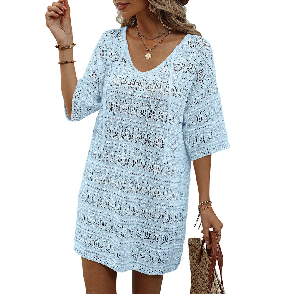 DUNNMALL  Summer New Cross-Border European and American Women's Clothing  Hollow Vacation Beach Dress Sun Protective Blouse