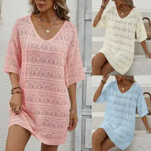 DUNNMALL  Summer New Cross-Border European and American Women's Clothing  Hollow Vacation Beach Dress Sun Protective Blouse