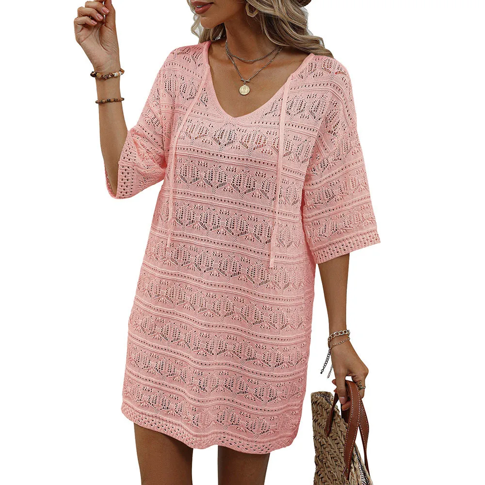 DUNNMALL  Summer New Cross-Border European and American Women's Clothing  Hollow Vacation Beach Dress Sun Protective Blouse