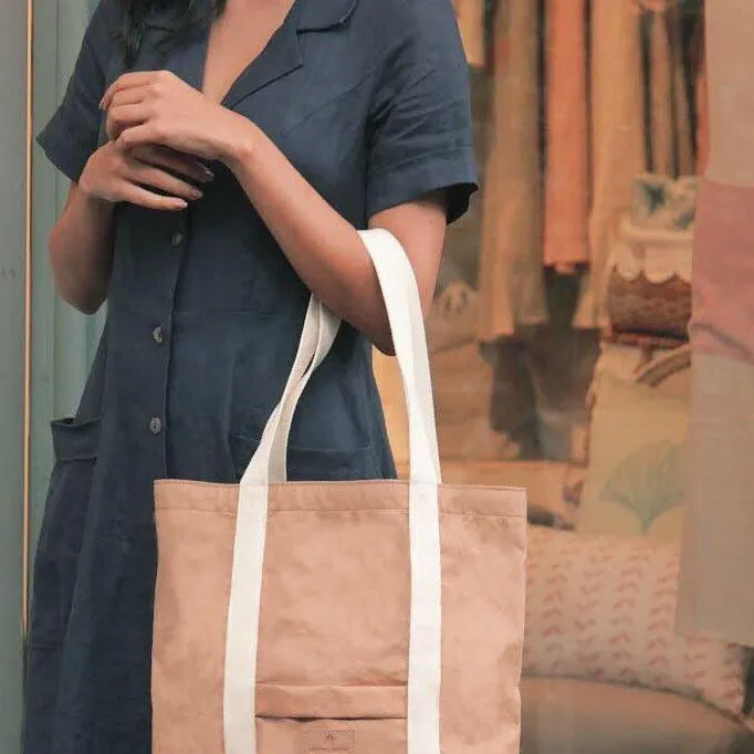 Ella Light Camel Tote Bag made from Washable Paper, an eco-friendly alternative to leather