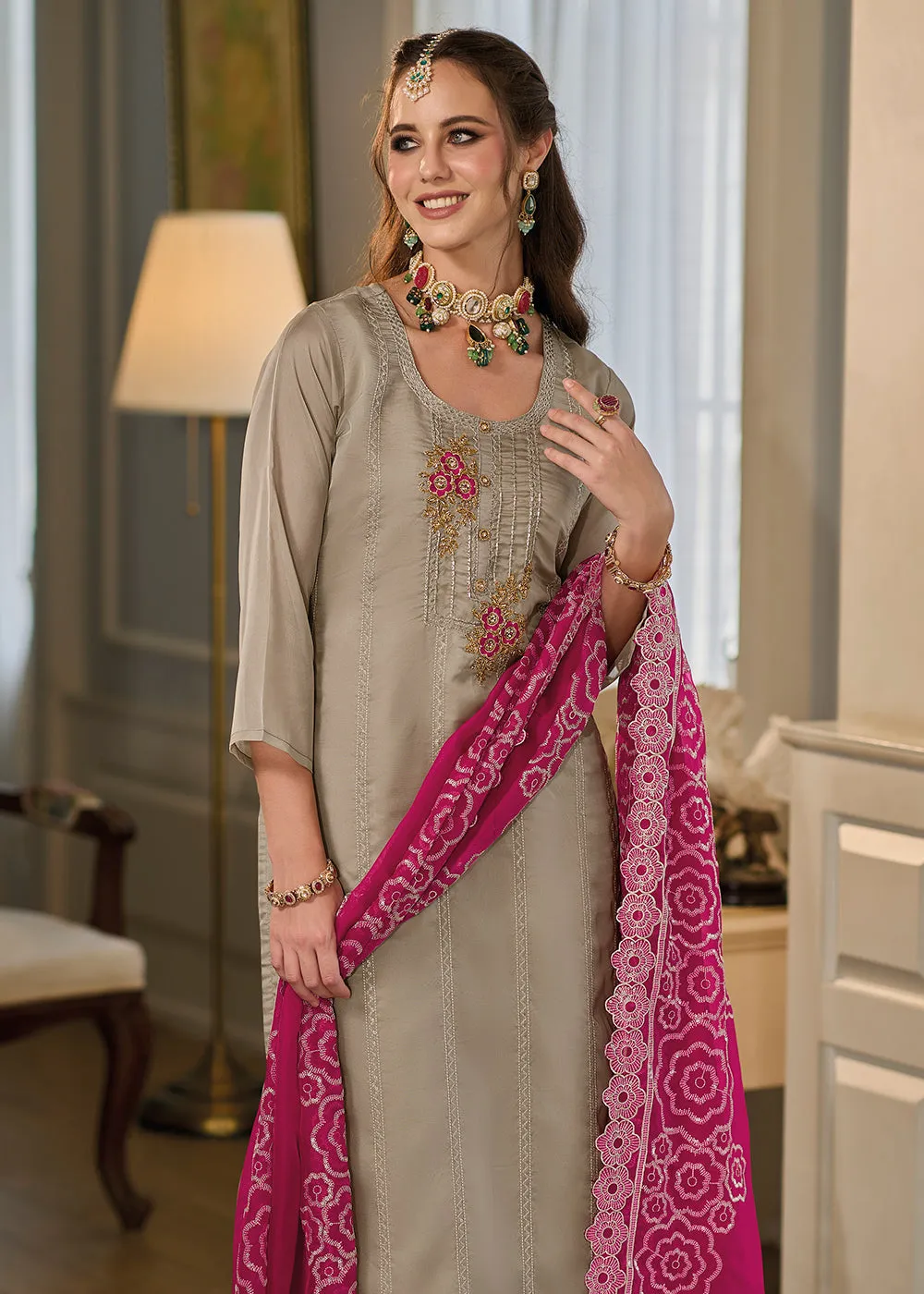 Exquisite Beige Soft Organza Embroidered Eid Wear Salwar Suit