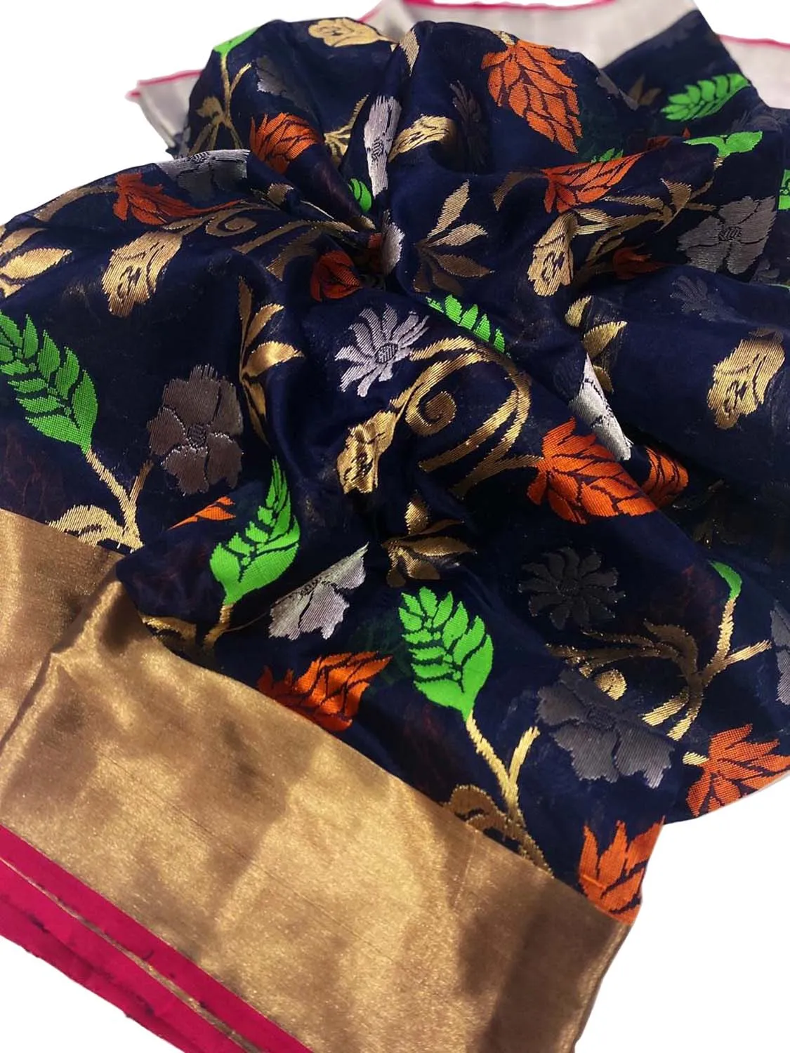 Exquisite Black Chanderi Handloom Pure Katan Silk Saree