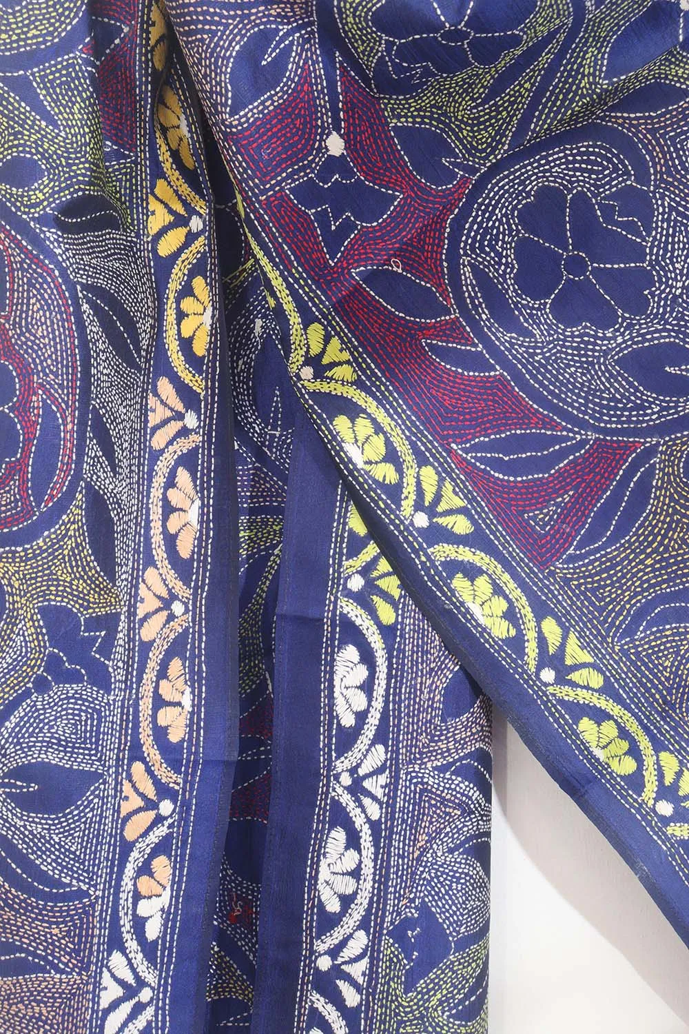 Exquisite Blue Hand Embroidered Kantha Bangalore Silk Stole