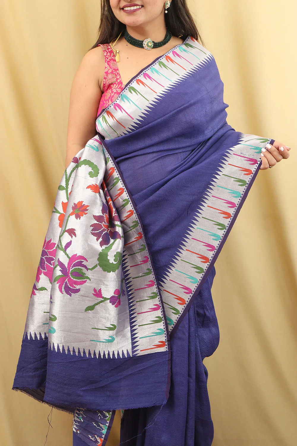 Exquisite Blue Handloom Banarasi Paithani Tussar Saree