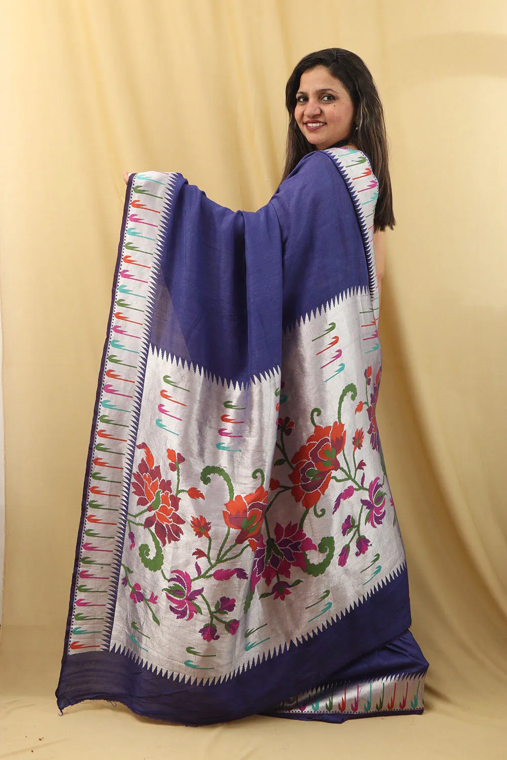 Exquisite Blue Handloom Banarasi Paithani Tussar Saree
